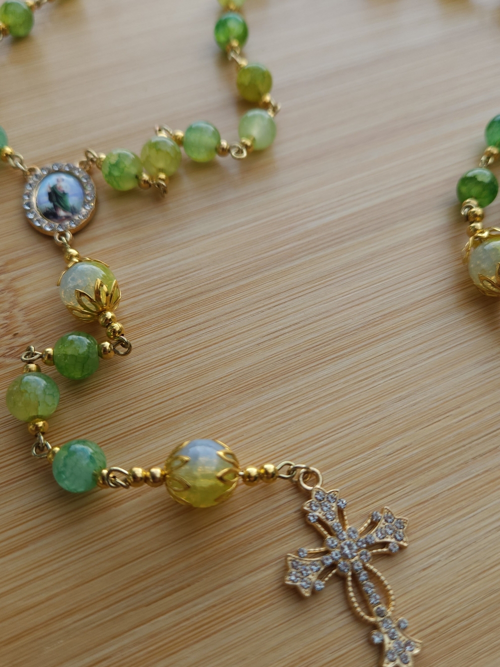 Gold-Tone Green Beaded Rosary Necklace with Cross Pendant